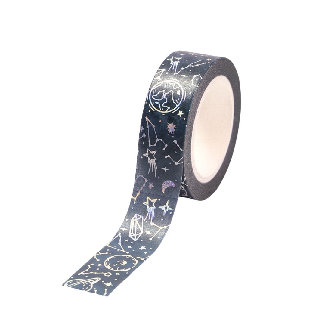 Celestial Silver Washi Tape, Moon and Constellations on Black