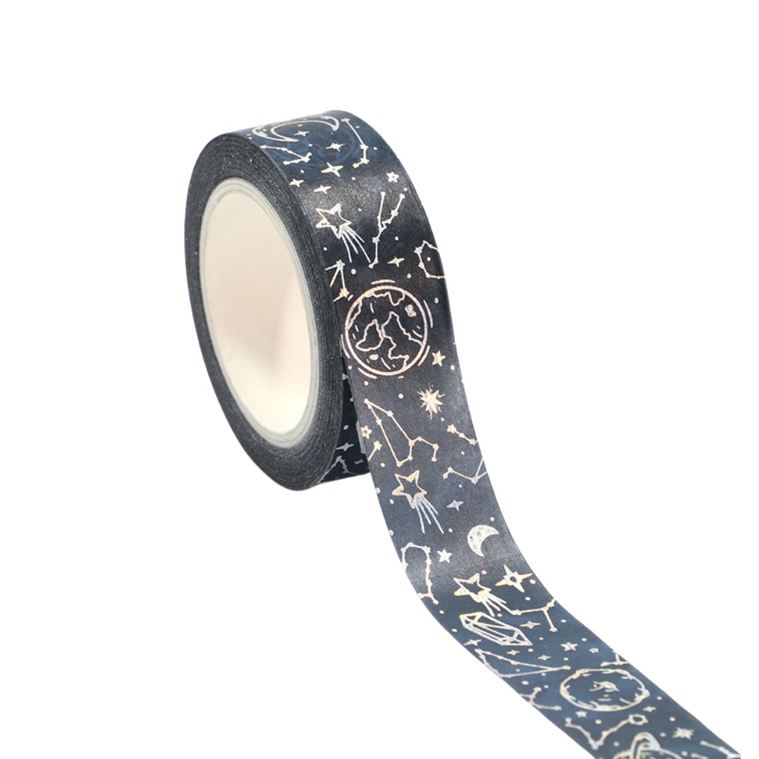 Celestial Silver Washi Tape | Moon and Constellations on Black | Gift Wrapping and Craft Tape