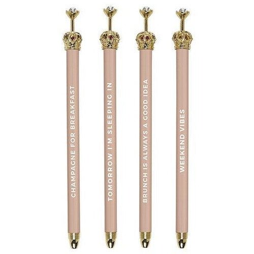 Champagne For Breakfast Rhinestone Crown Pen in Nude Pink - Set of 12 | Giftable Quote Pens | Novelty Office Desk Supplies