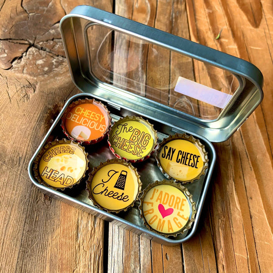 Cheese Magnets 6 Pack | Round Bottle-Cap Style Magnet Set in a Gift Tin