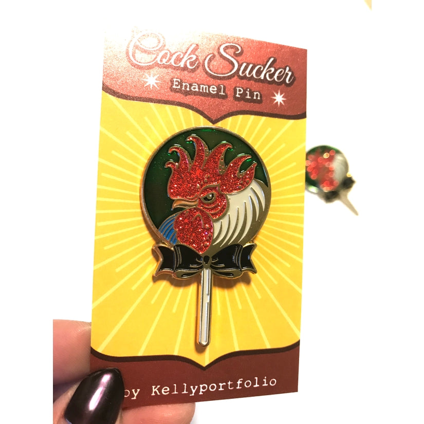 Cock Sucker Soft Enamel Pin | Red Glitter | Lollipop, Rooster