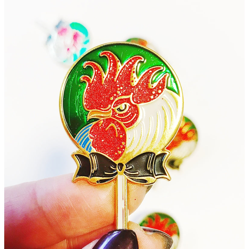 Cock Sucker Soft Enamel Pin | Red Glitter | Lollipop, Rooster