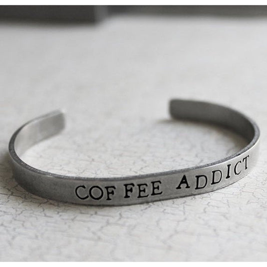Coffee Addict Hand Stamped Silver Cuff Bracelet | Handmade in the US