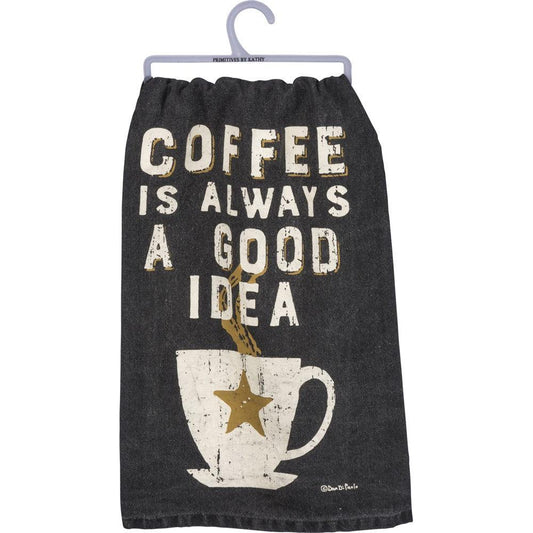 Black towel with 'Coffee is always a good idea' text and coffee cup graphic on a hanger.