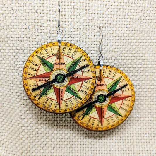 Compass Dangling Earrings | Handmade | Lightweight Wood
