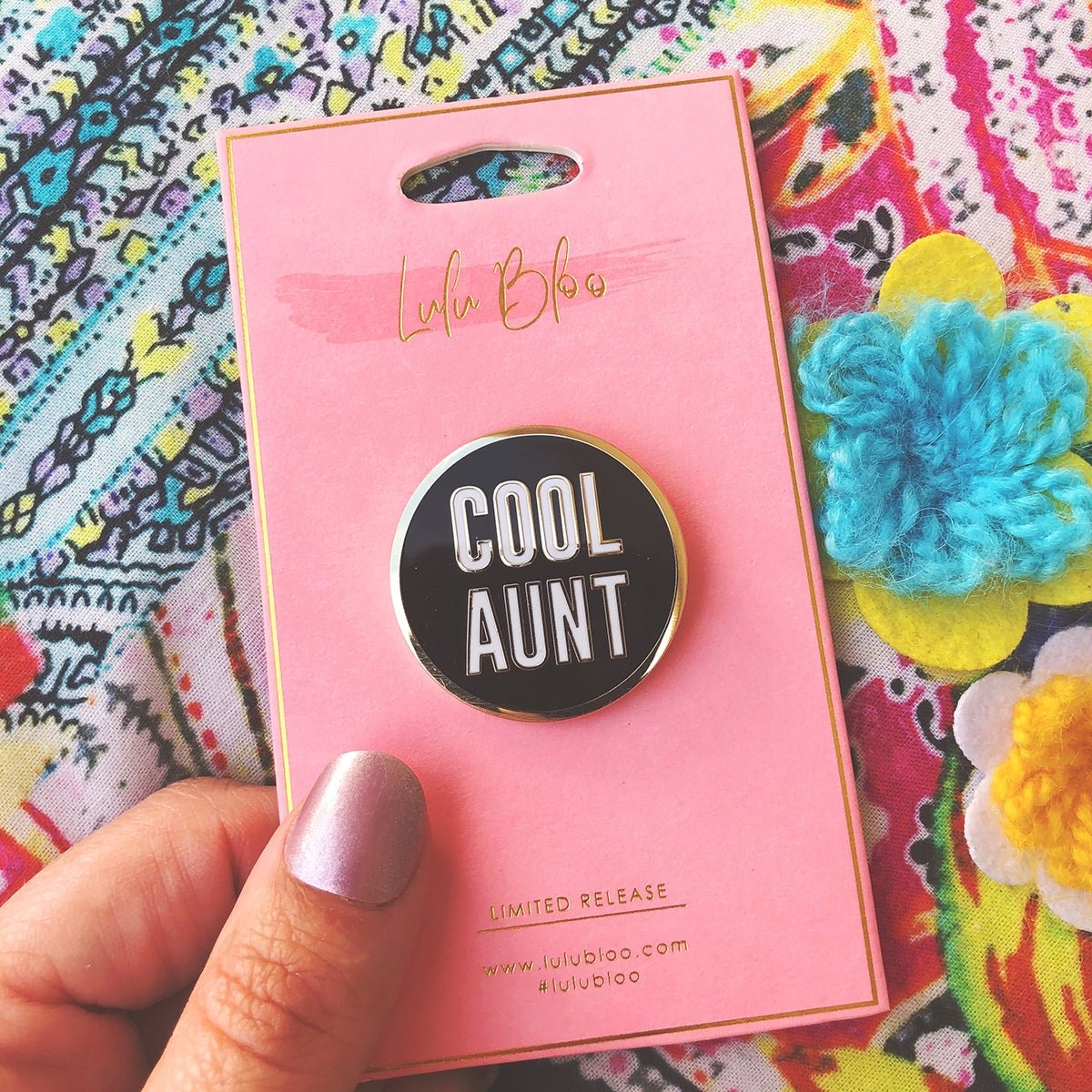 Cool Aunt Brass Lapel Pin in Black or Pink