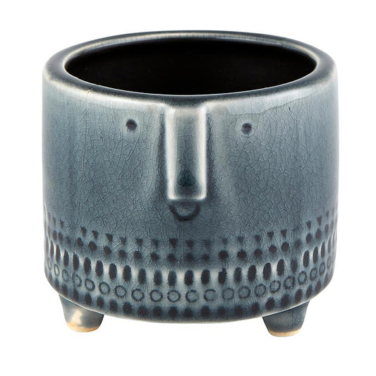 Crackled Glazed Gray Pot Planter Small | Funny Face | 4" Tall