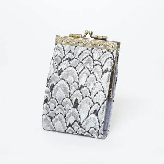 Credit Card Holder in Silver and Black Brocade Small Feather Pattern | 10 Slots | RFID Blocking