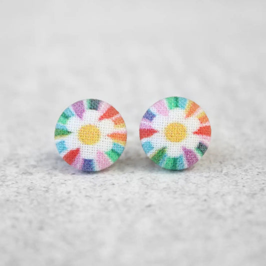 Daisy Kaleidoscope Fabric Button Earrings | Handmade in the US