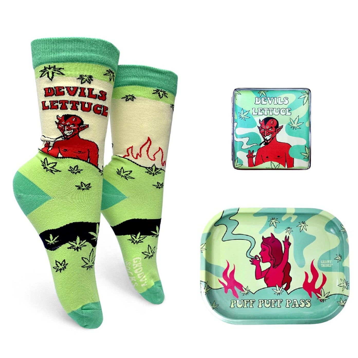 Devil's Lettuce Gift Set of 3 Items | Socks, Blunt Case, Rolling Tray | Marijuana Lovers' Gift