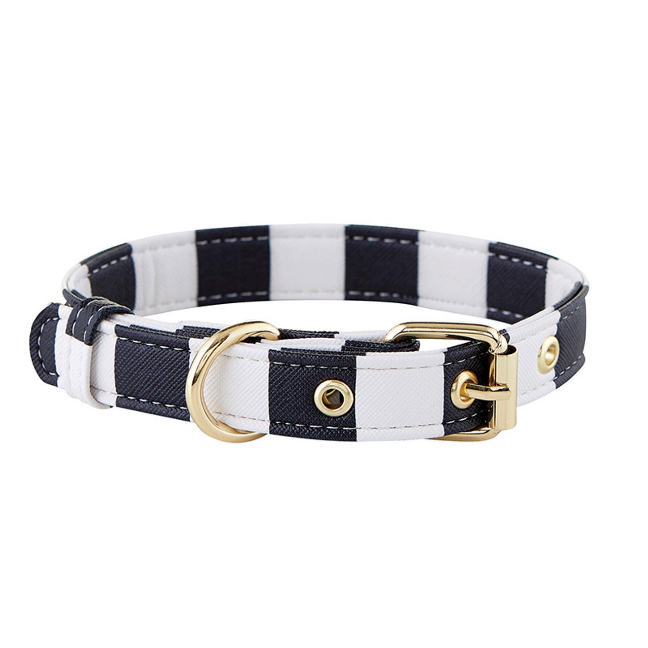 Dog Collar and Leash in Cabana Black and White Stripes | Faux Saffiano Leather