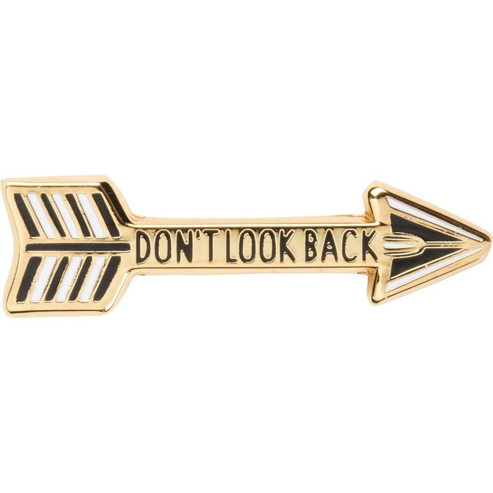 Don't Look Back Arrow Enamel Pin in Gold on Gift Card