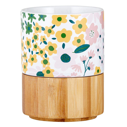 Floral Ceramic Mug with Bamboo Base