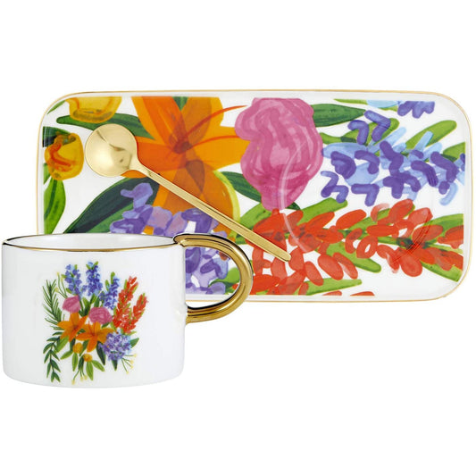 Floral Mug, Tray, & Spoon Set in Flower Design