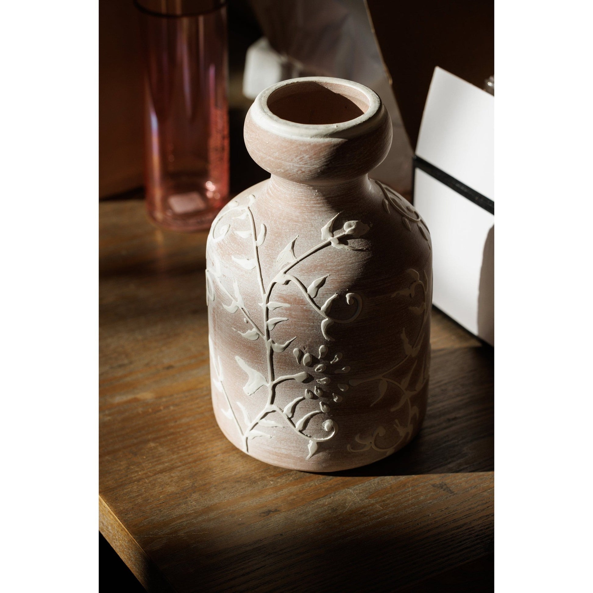 Floral Vase | Embossed Terracotta Short Vase | 9" Tall