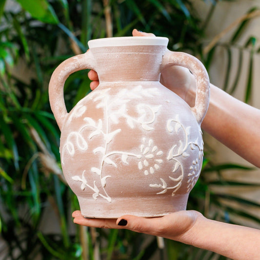 Floral Vase With Two Handles | Embossed Terracotta Vase | 10" Tall