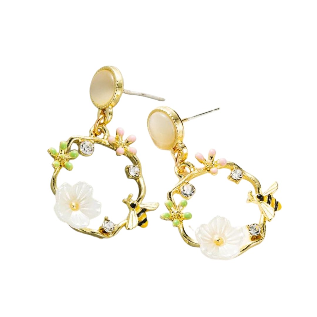 Floral and Bee Gold Drop Earrings