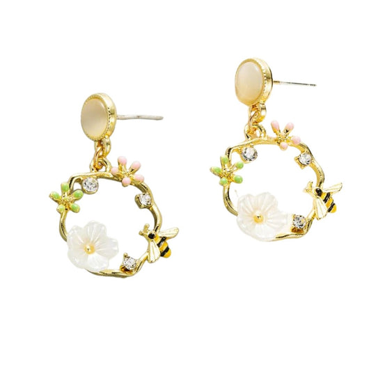 Floral and Bee Gold Drop Earrings