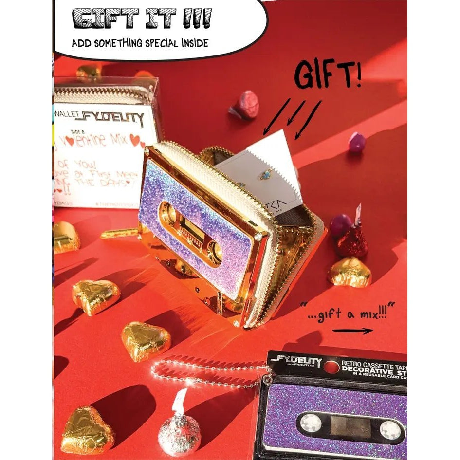 Fuchsia Chrome Retro Cassette Tape Zip Wallet | '80s Retro Mix Tape Theme
