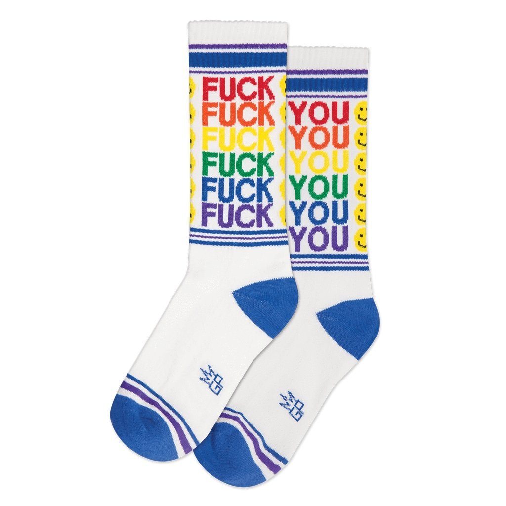Fuck You Happy Face Ribbed Gym Socks in Rainbow | Unisex Women's Men's