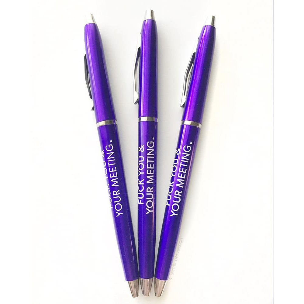 Fuck You & Your Meeting Pen Set in Purple | Set of 3 Funny Sweary Profanity Ballpoint Pens