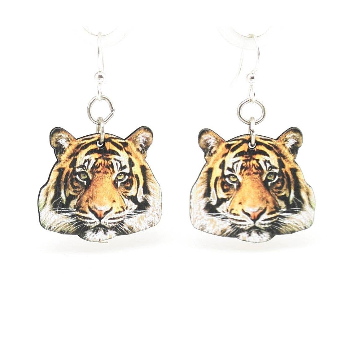 Full Color Tiger Silver Finish Hook Earrings | Lightweight Laser Cut Wood with Hypoallergenic Ear Wires | Handmade in USA