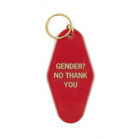 Gender? No Thank You Motel Style Keychain in Red and Gold | Nonbinary Themed Funny Key Tag