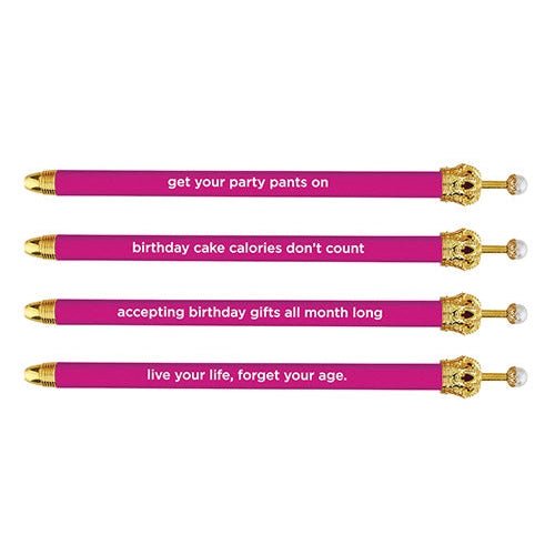 Get Your Party Pants On! Birthday Hot Pink Crown Pen Set of 12 | Giftable Quote Pens | Novelty Office Desk Supplies