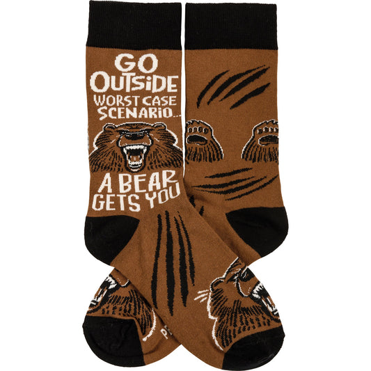 Go Outside Worst Case Scenario A Bear Gets You Funny Socks in Brown | Unisex