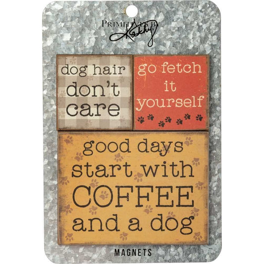 Good Days Start with Coffee and a Dog | Three Rustic-Inspired Wooden Dogs Magnet Set on a Metal Gift Backing