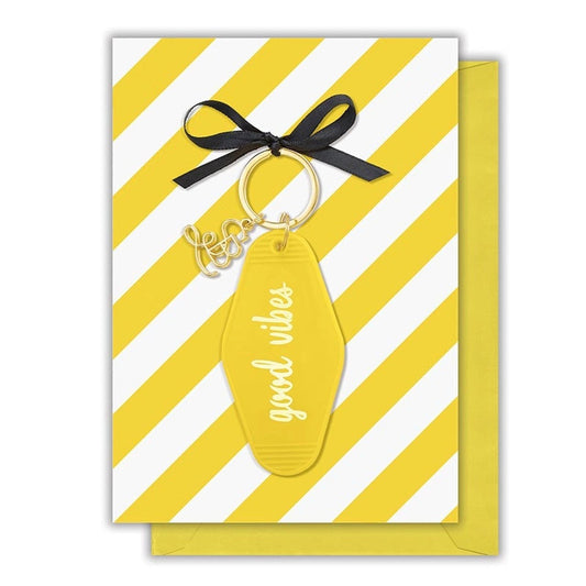 Good Vibes Motel Style Keychain with "Good Vibes on Your Birthday" Greeting Card