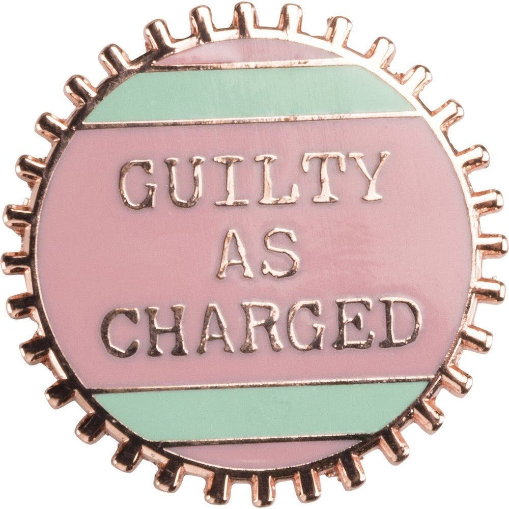 Guilty As Charged Pink and Mint Enamel Pin on Gift Card