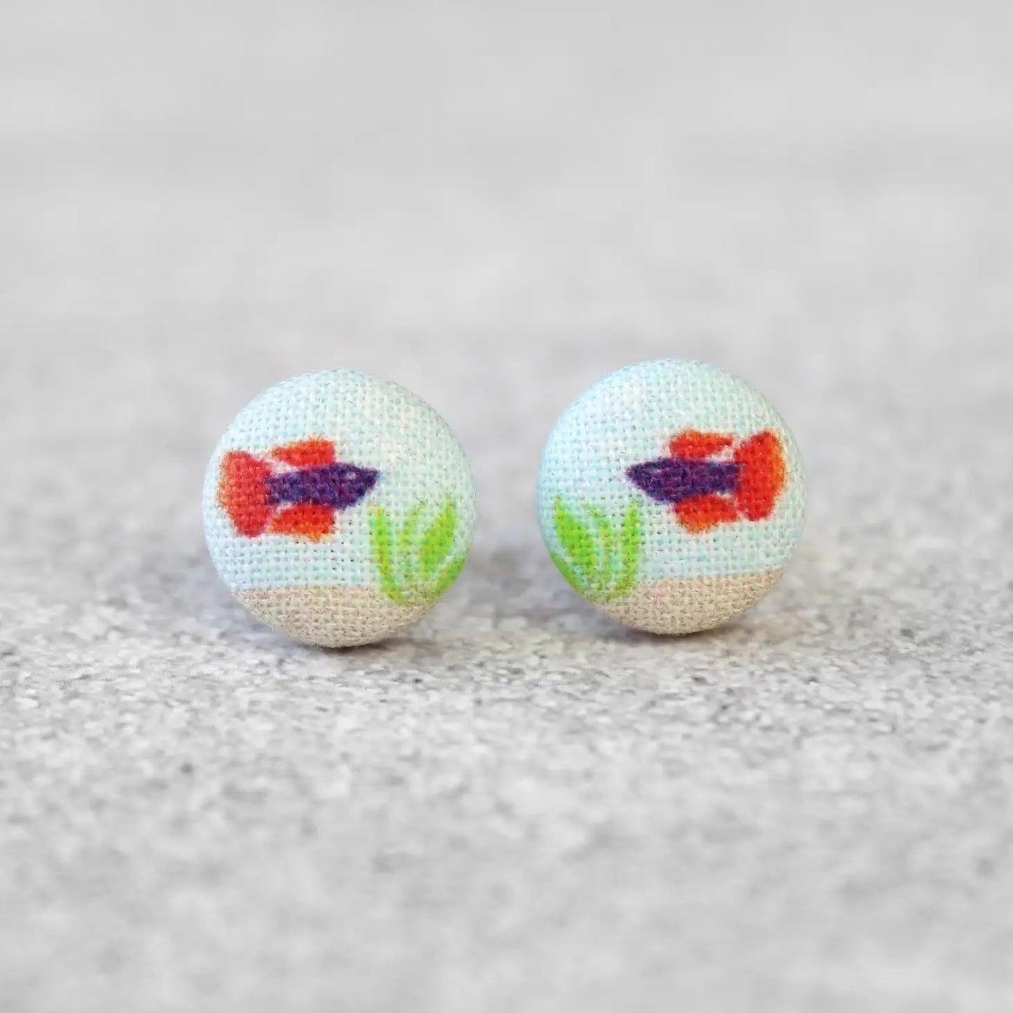 Purple & Orange Beta Fish Fabric Button Earrings | Handmade in the US