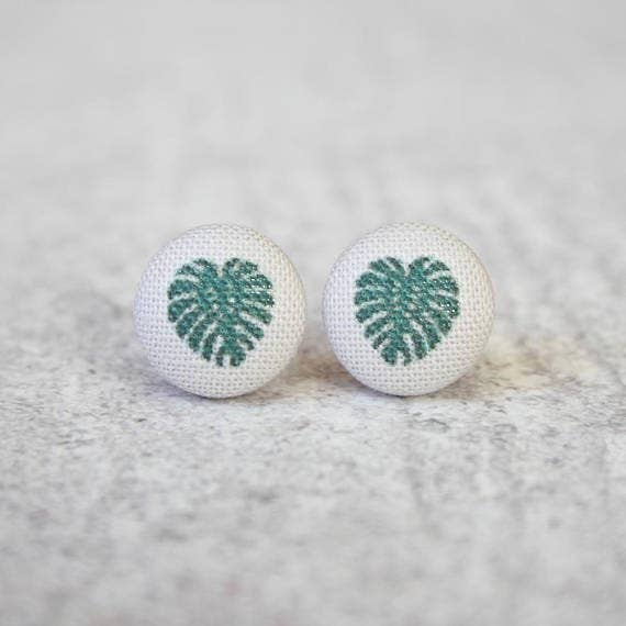 Monstera Fabric Button Earrings | Handmade in the US