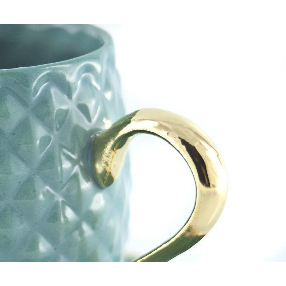 Handmade Pineapple Ceramic Espresso Cup in Blue | Real Gold Accented Handle