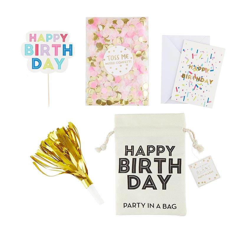 Happy Birthday Party In A Bag | Cake Topper, Confetti, Mini Card and Noisemaker