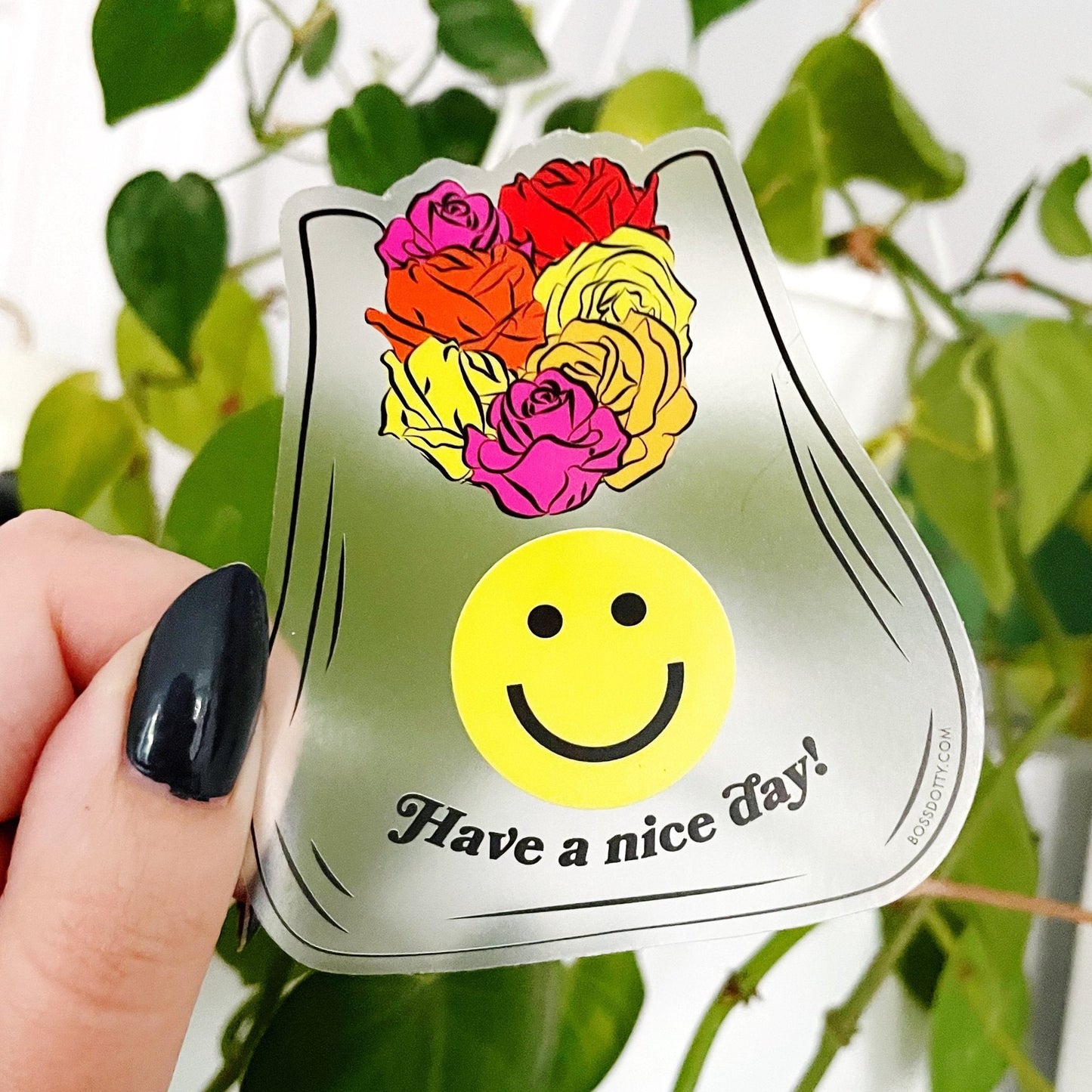 Have A Nice Day Floral Shopping Bag Clear Vinyl Sticker