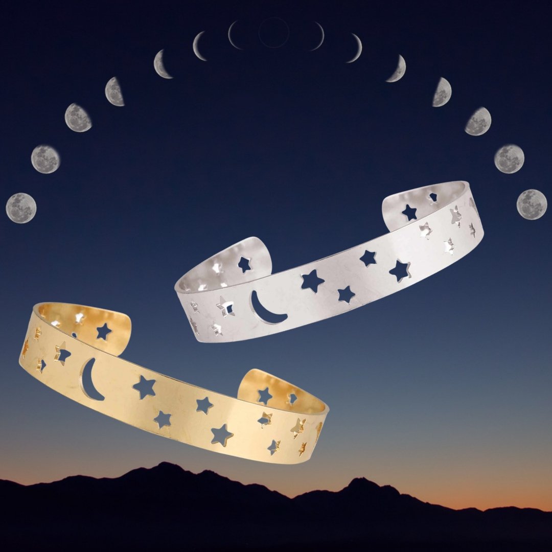 Heavens Above Moon And Stars Cuff Bracelet (Gold or Silver)