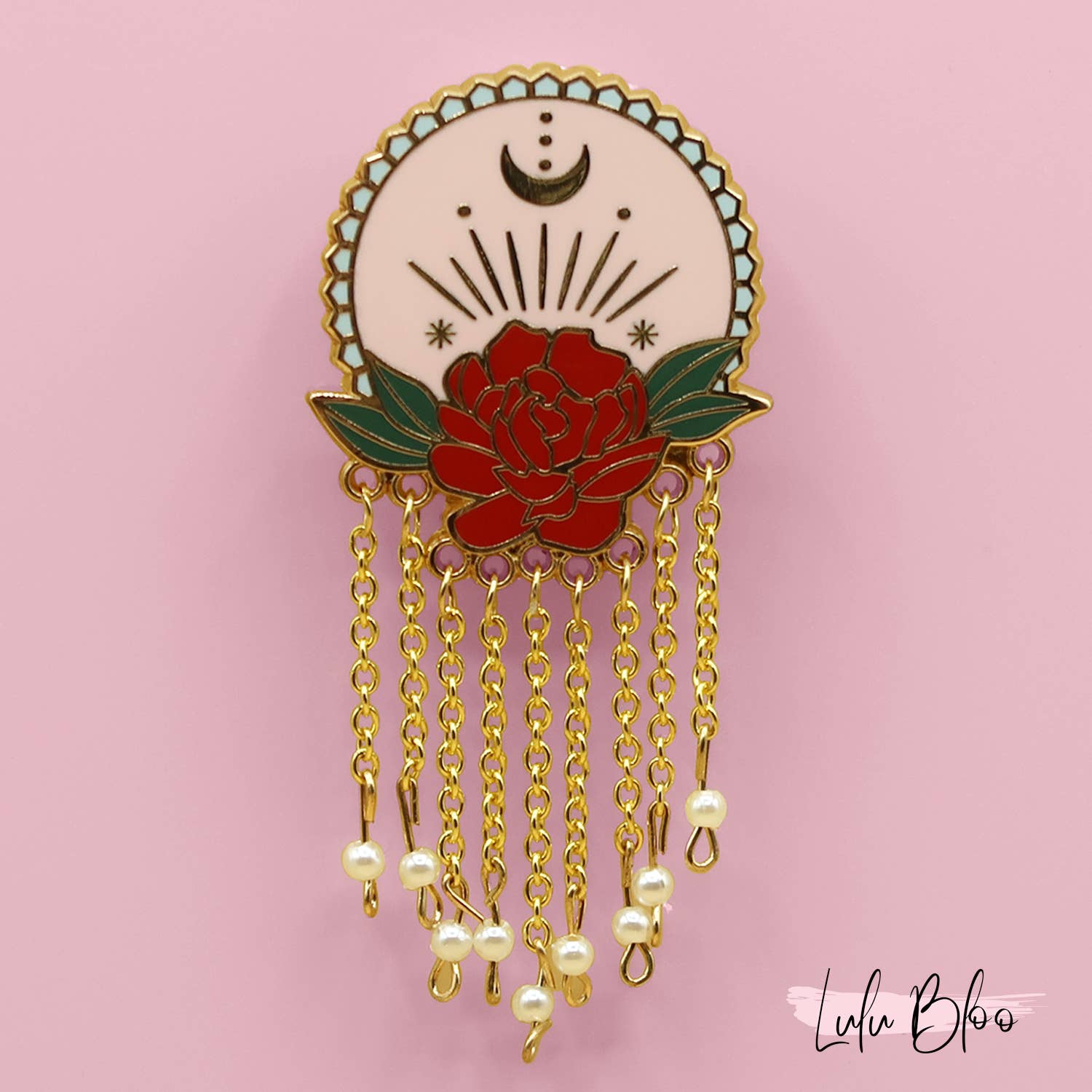 Hera's Amulet Rose Pin with Hanging Chain and Pearl Details