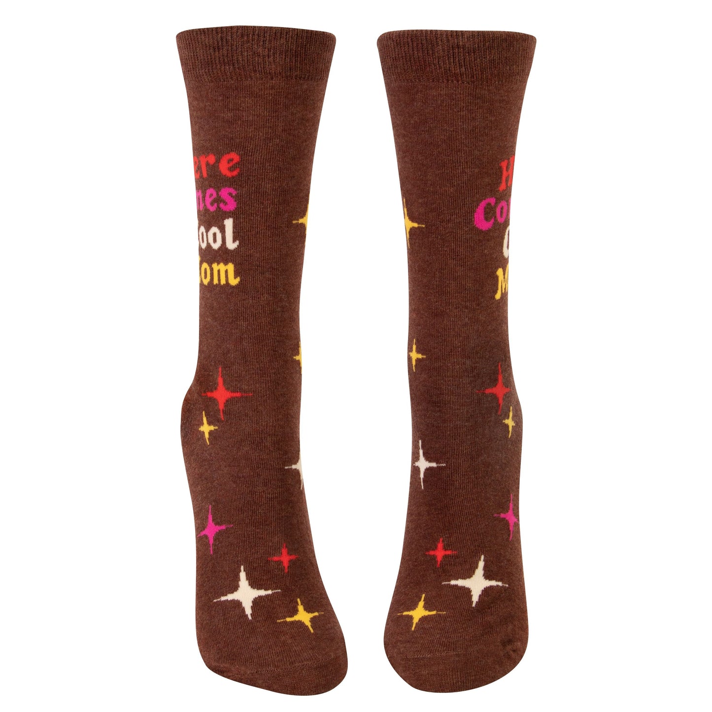 Here Comes Cool Mom Women's Crew Novelty Socks in Groovy '70s Brown