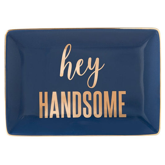 Hey Handsome Rectangle Trinket Tray | Blue with Gold Accents | Ceramic | 7.5" x 5"