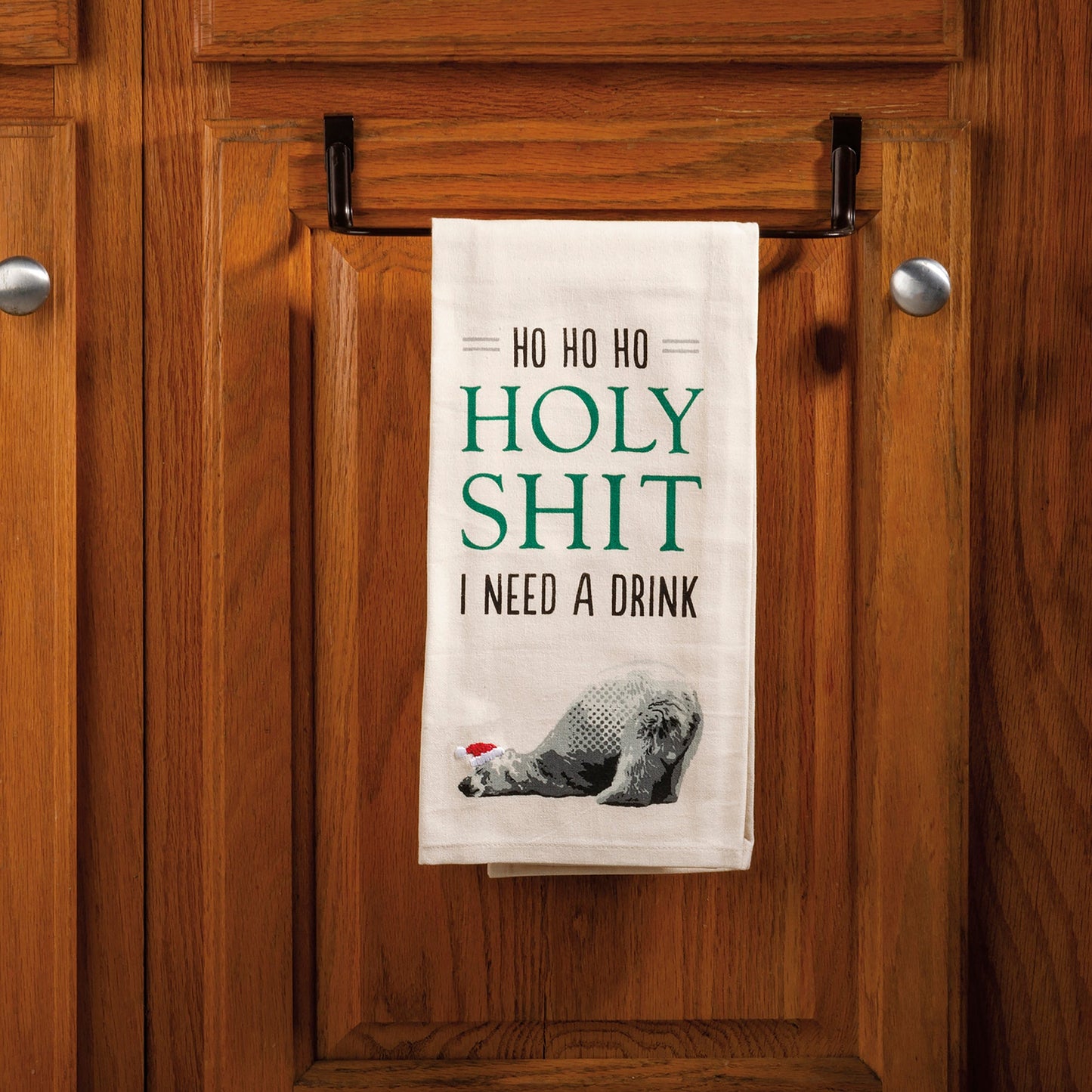 Ho Ho Ho Holy Shit I Need A Drink Dish Cloth Towel | Novelty Silly Bear Tea Towel | Cute Kitchen Hand Towel | Christmas, Holidays | 18" x 26"