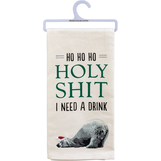 Ho Ho Ho Holy Shit I Need A Drink Dish Cloth Towel | Novelty Silly Bear Tea Towel | Cute Kitchen Hand Towel | Christmas, Holidays | 18" x 26"