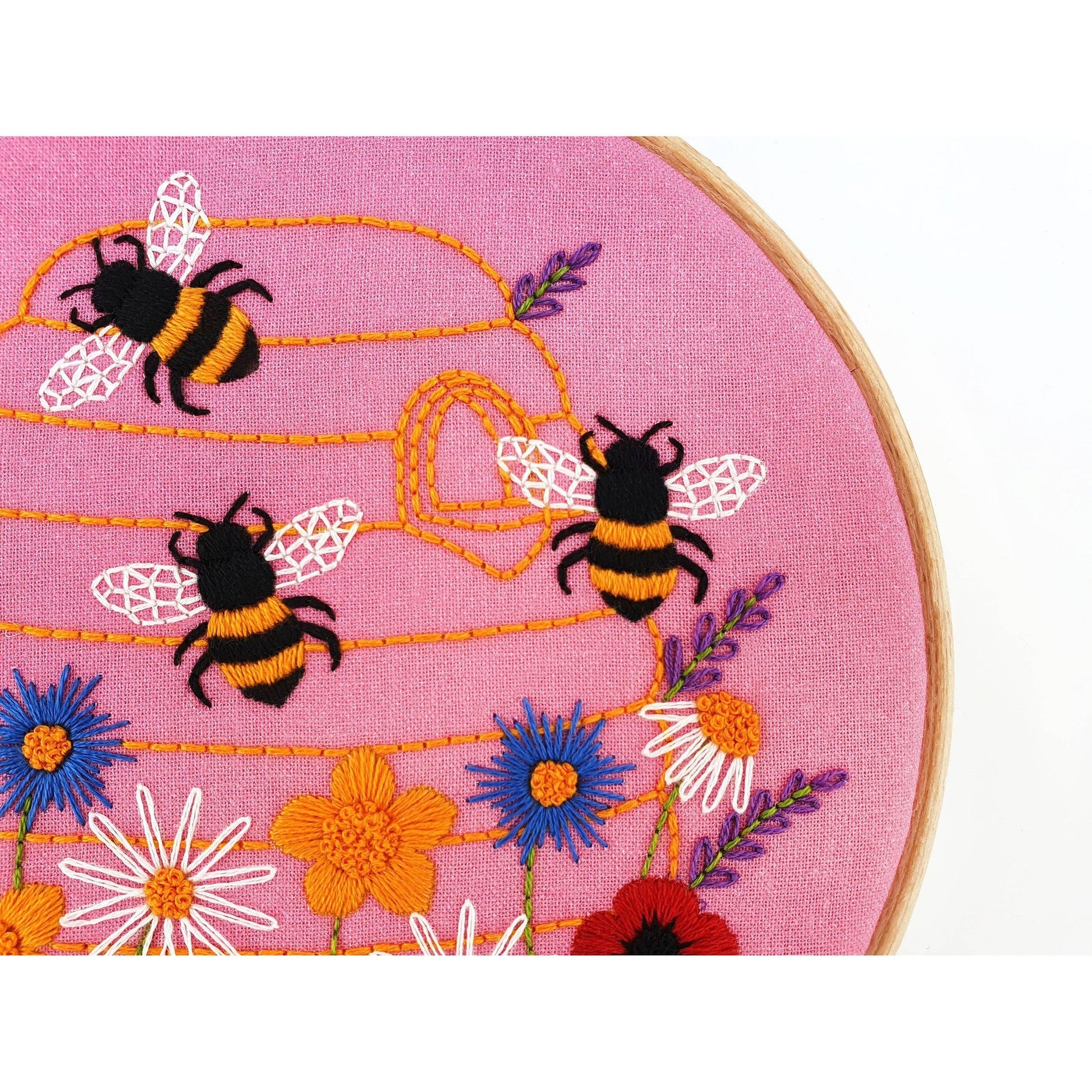 Honey Bees and Wildflowers Handmade Embroidery Kit Hoop