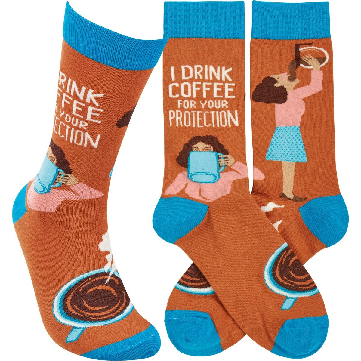 I Drink Coffee For Your Protection Funny Socks Blue and Brown