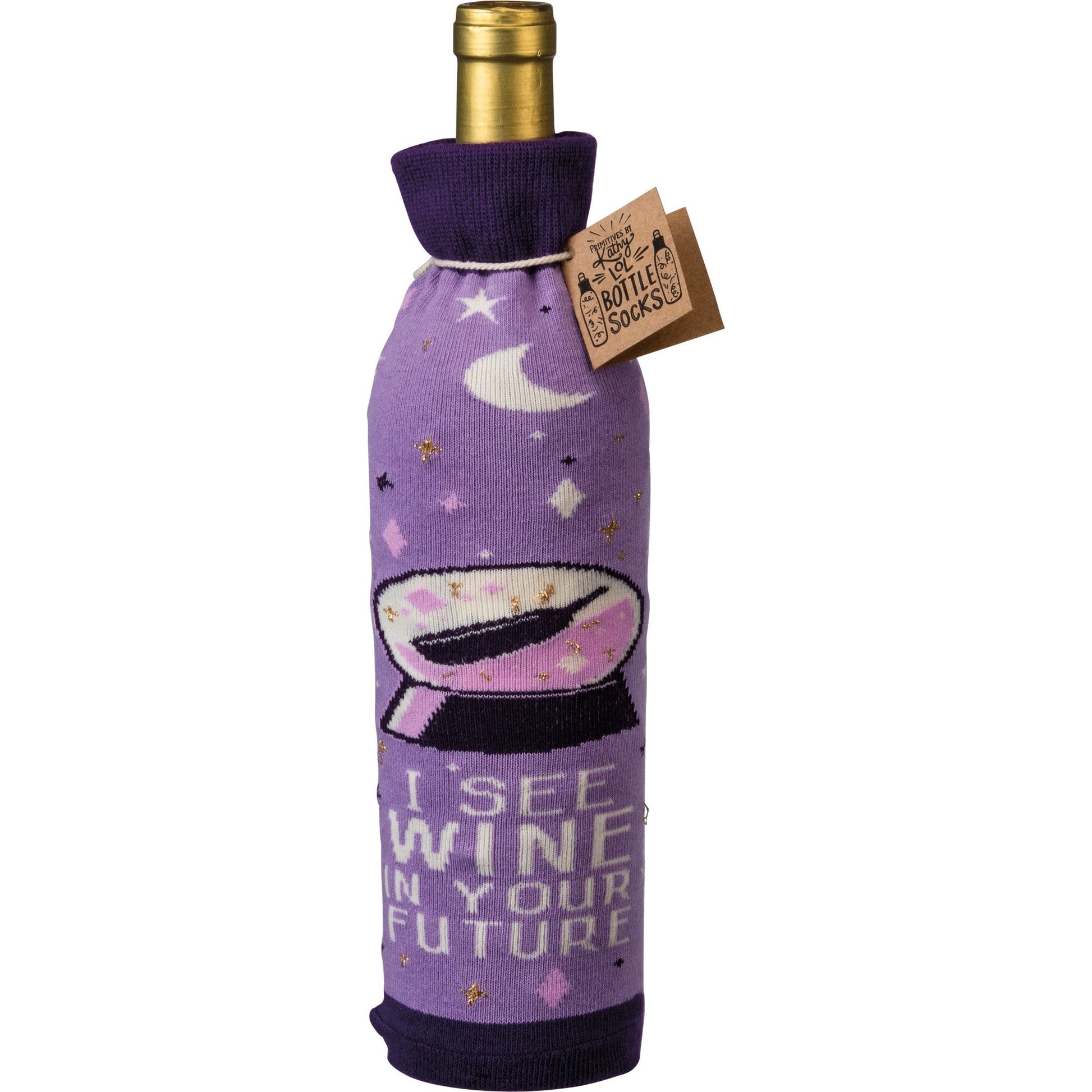 I See Wine In Your Future Knit Bottle Sock in Purple | Reusable Gift Bag for Gifting Wine