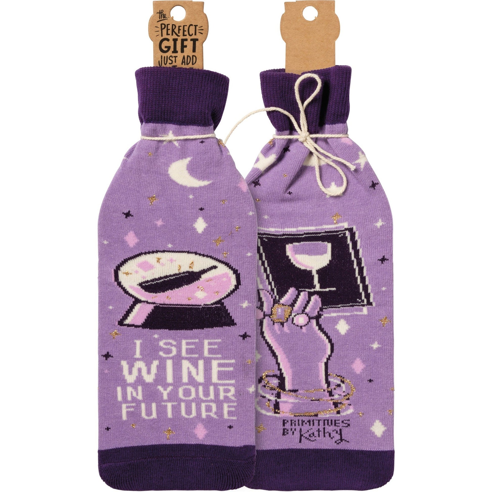 I See Wine In Your Future Knit Bottle Sock in Purple | Reusable Gift Bag for Gifting Wine