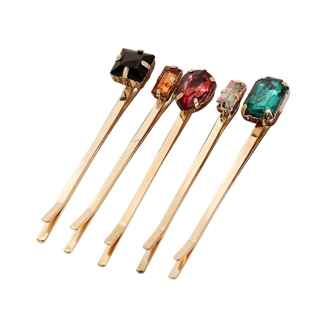 Jeweled Bobby Pins Set of 5 | Gold with Mismatched Jewels