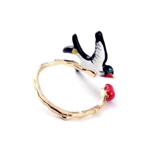 Jeweled Swallow Ring - Adjustable 3-D Bird, Branch, and Heart Ring