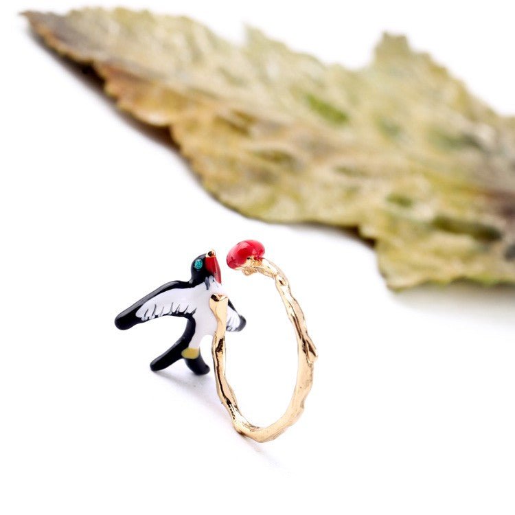 Jeweled Swallow Ring - Adjustable 3-D Bird, Branch, and Heart Ring